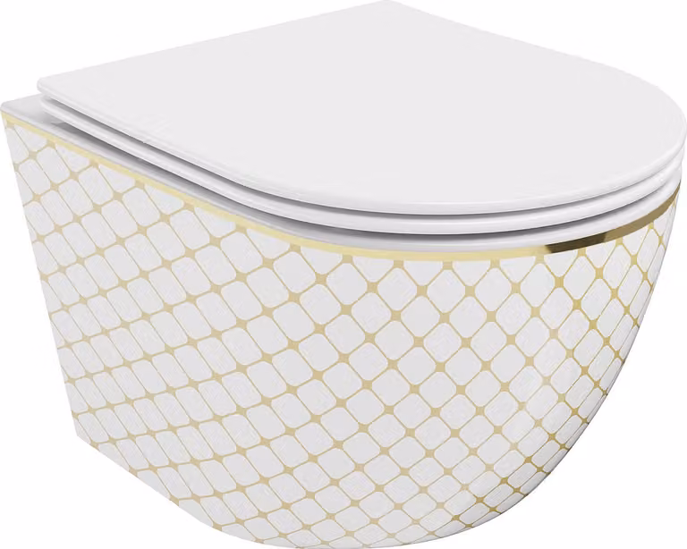 Mexen Lena wc a parete senza bordo con sedile a chiusura rallentata slim, duroplast, bianco/oro motivo a quadri - 30224009