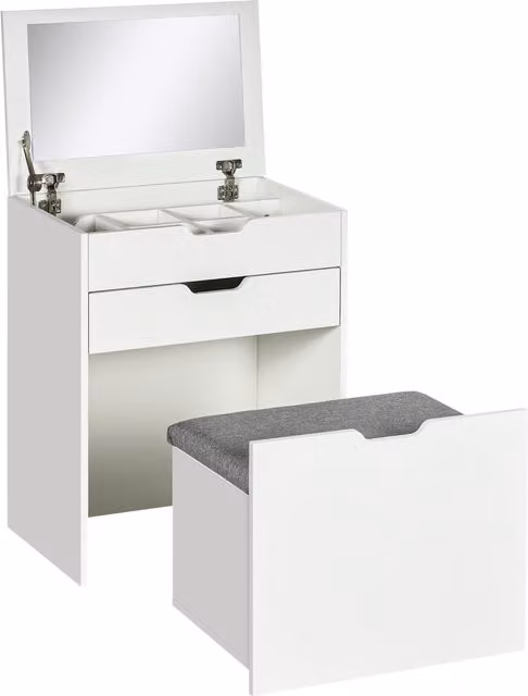 Toeletta da camera HOMCOM con specchiera, cassetto e sgabello coordinato in legno bianco