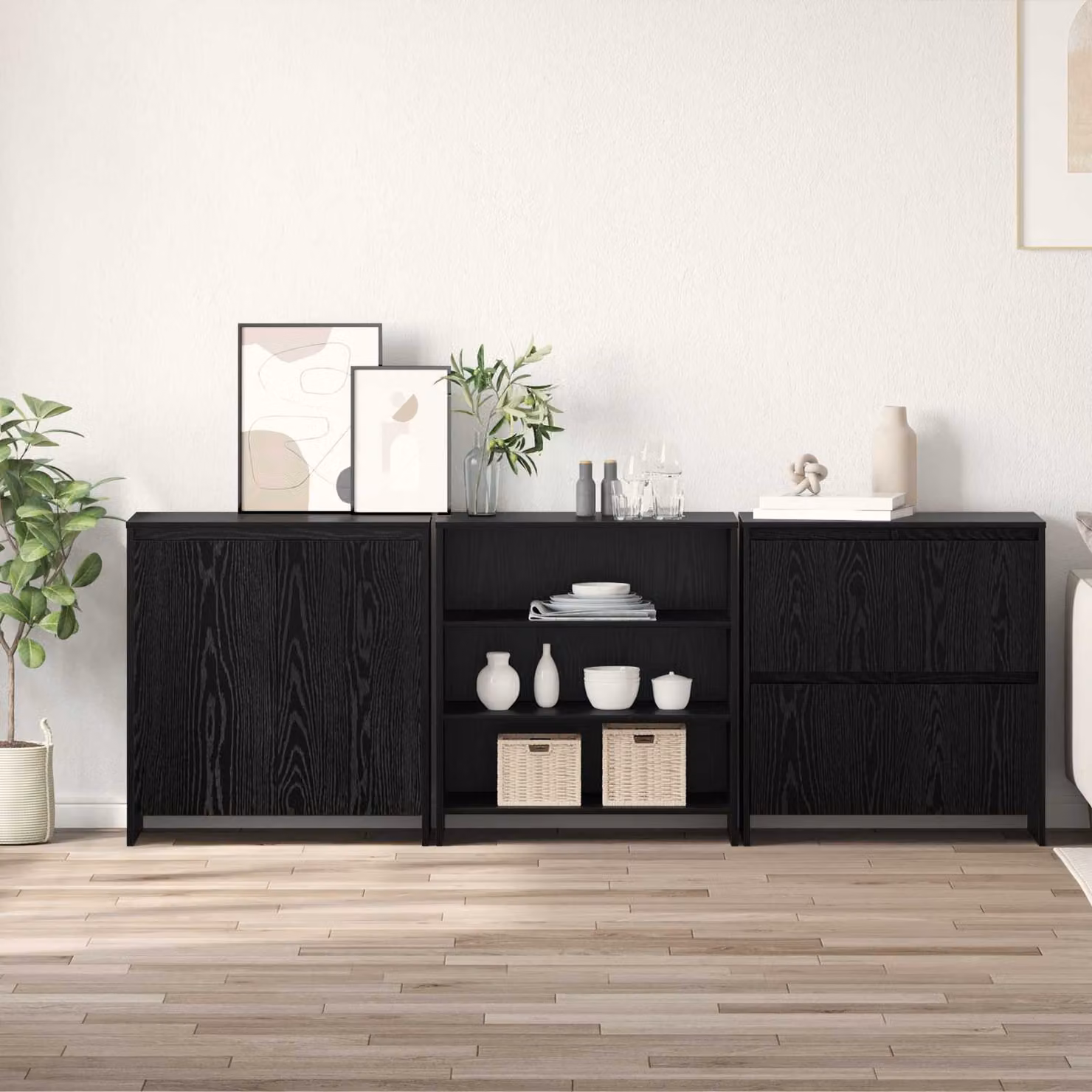 Credenza moderna vidaXL in 3 pezzi Rovere Nero, L 70 cm x P 41 cm x H 75 cm – 1