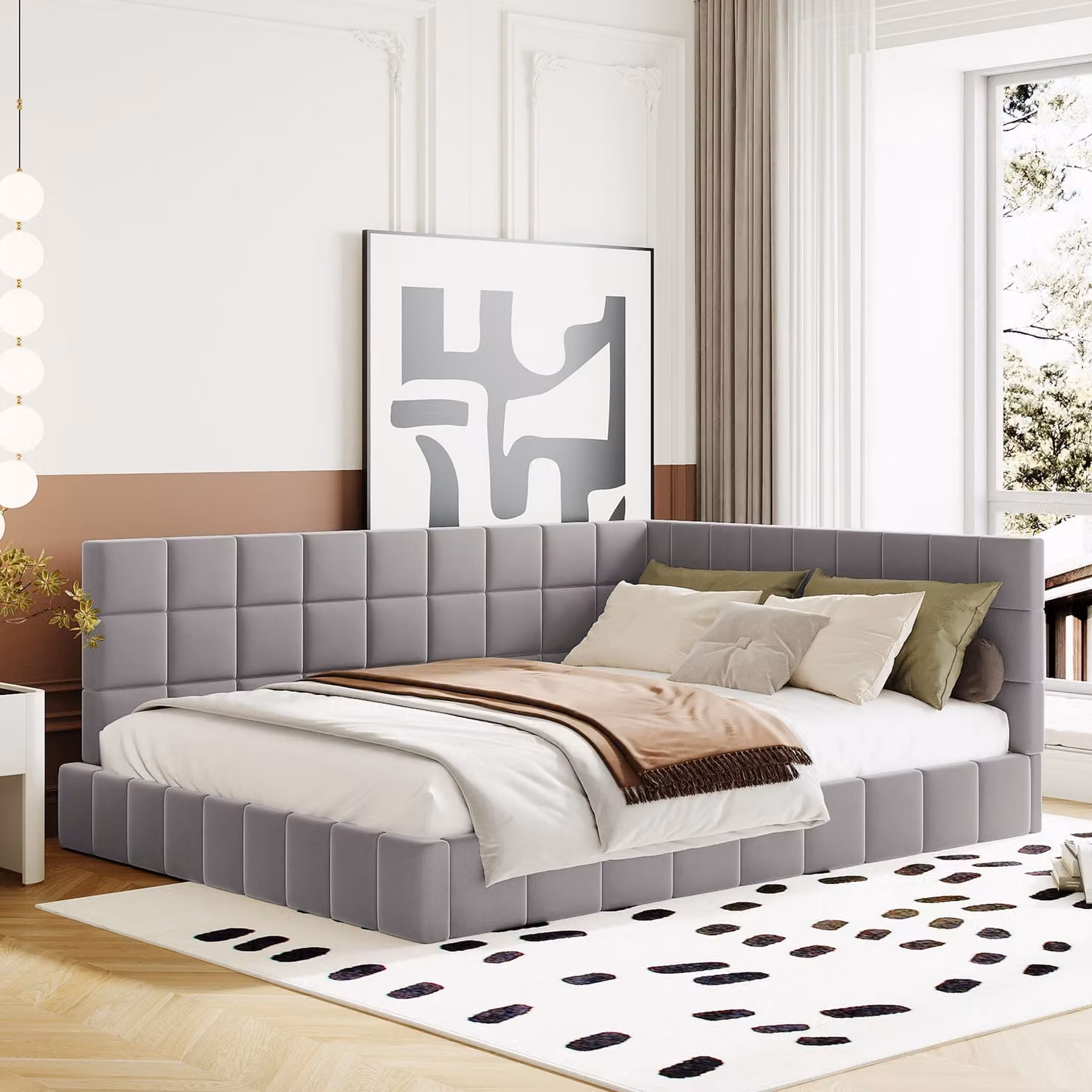 MODFU divano letto imbottito 140×200 cm con rete a doghe e testiera, velluto (senza materasso), grigio