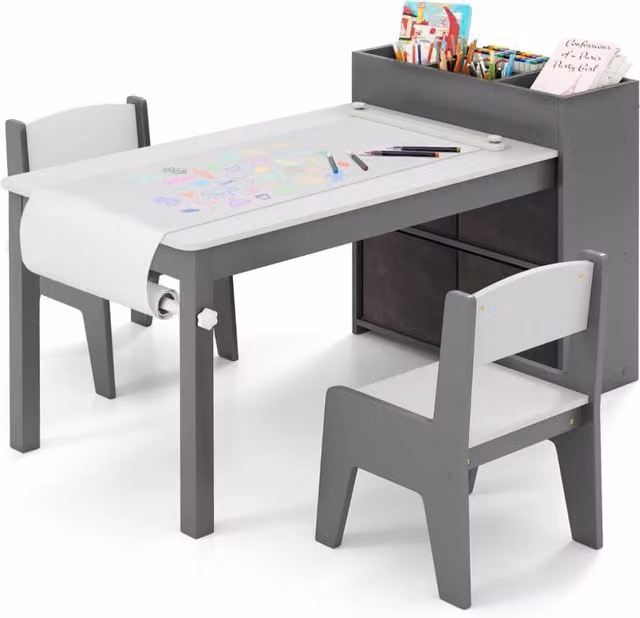 Set tavolo e 2 sedie per bambini per stanza giochi, design moderno in MDF laminato, Grigio e Bianco