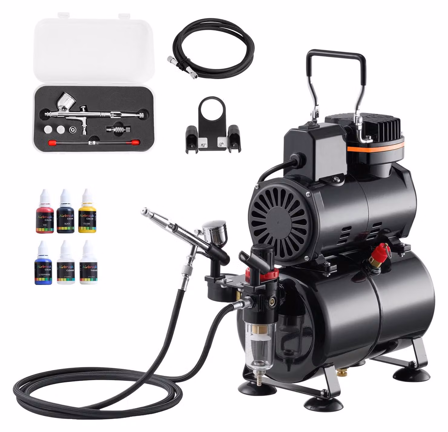 Set di aerografi VEVOR da 1/6 hp con compressore d'aria e serbatoio, 1 pistola ad aerografo a doppia azione con 3 ugelli (0,2/0,3/0,5 mm) e tubo flessibile e vernice acrilica e 1 ventaglio, per la decorazione di torte, la pittura di modelli e la nail art