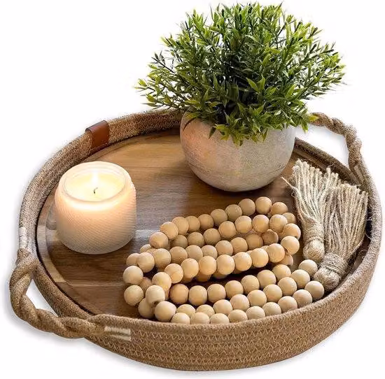 Vassoio da pranzo in legno con ripiani estraibili in eucalipto - ampio tappetino intrecciato - poggia-mani - posate - portacandele - 100% cotone - canapa - 30 cm (marrone)