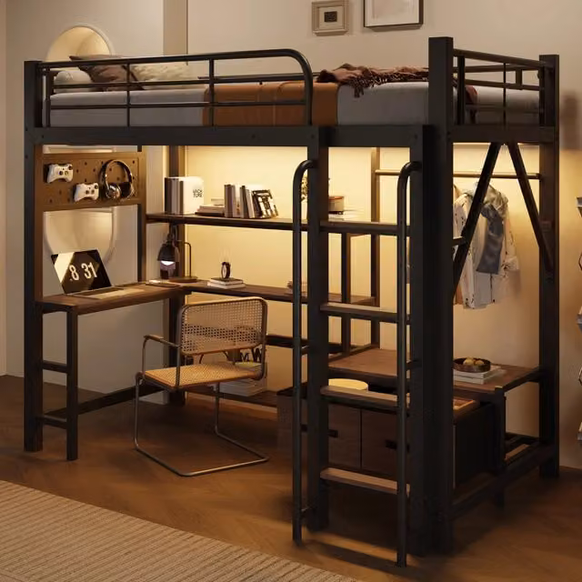 Letto a soppalco con scrivania ¨C Minimal ¨C nero metallo 90x200 cm con luci LED cassetti senza materasso
