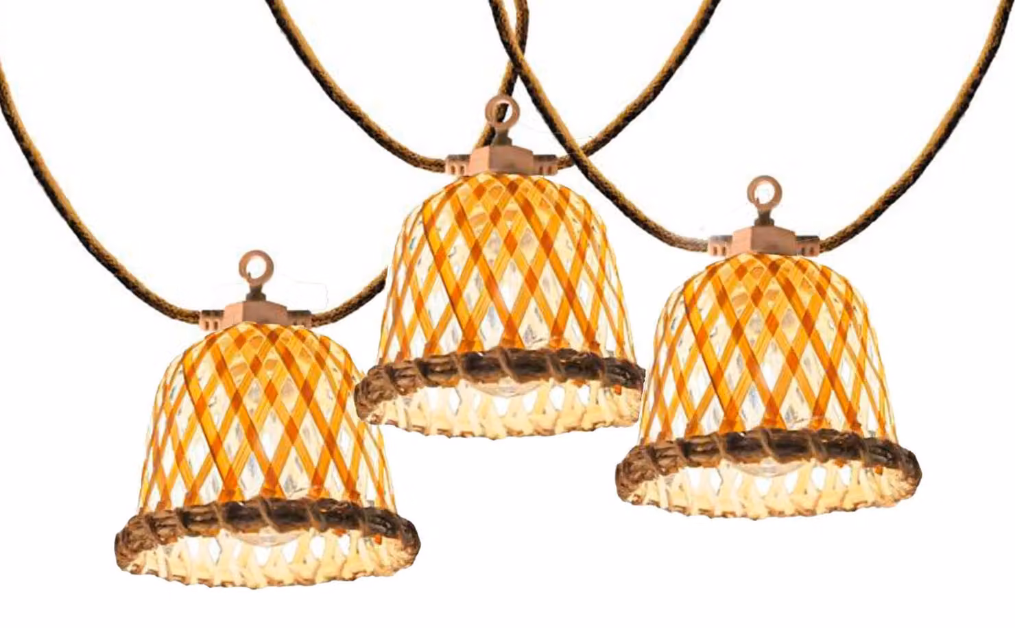 Catena luminosa con 10 paralumi in rattan, lunghezza 8 metri, alimentazione ibrida (solare/rete elettrica)