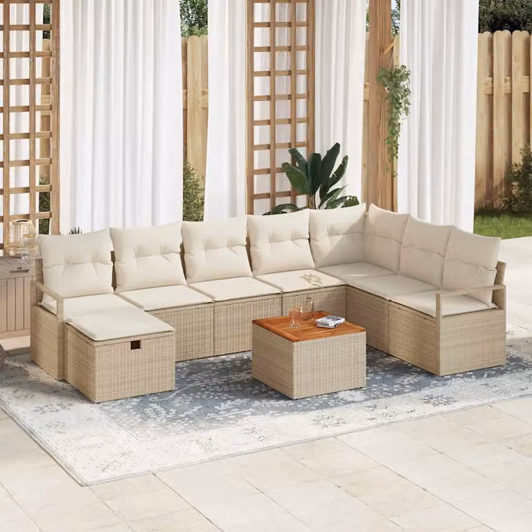 Set Divano da Giardino vidaXL 9 Pezzi Beige con Cuscini e Tavolino in Polyrattan e Acciaio