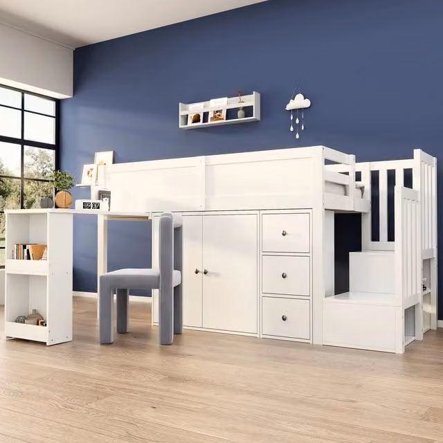 Letto a soppalco per bambini ¨C Minimal ¨C Bianco MDF 90x200 cm con scrivania armadio cassetti