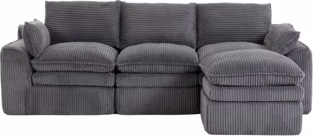 Divano modulare 3 posti in velluto a coste con pouf, cuscini inclusi e doppie tasche laterali, imbottitura a 3 strati e molle per un rapido ritorno elastico, colore grigio scuro, 263x167x85 cm