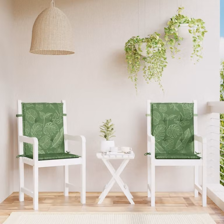 Set di 2 cuscini per sedia vidaXL con schienale basso, motivo foglie, colore verde, in tessuto resistente all'acqua e ai raggi UV