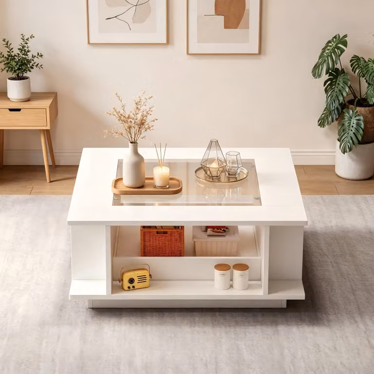 Tavolino quadrato con illuminazione LED e piano in vetro, tavolino da divano con spazio di stoccaggio aperto, tavolino da salotto con finitura lucida, bianco