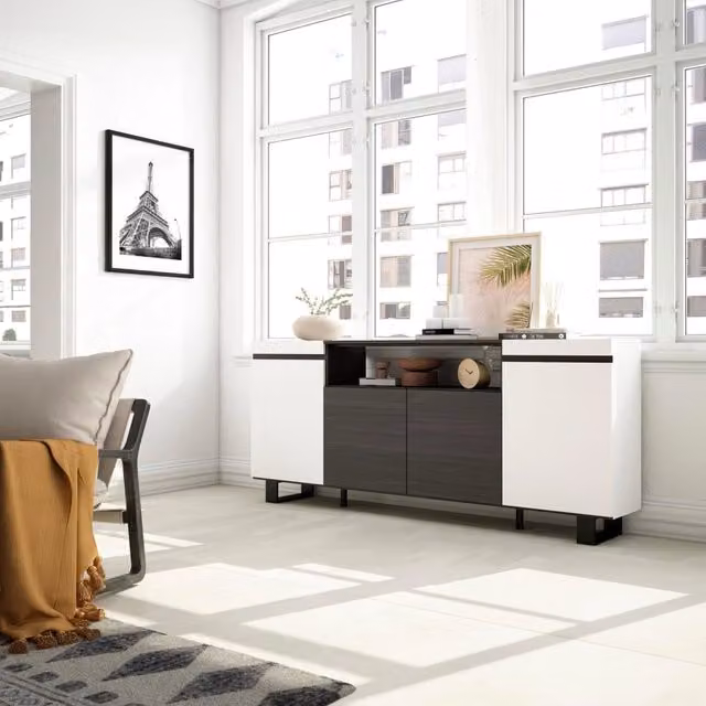 Credenza, Mobile, 200x35x87cm, 4 Porte, Design industriale, Bianco e nero RF2297