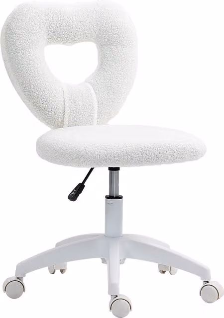 Sedia da ufficio HOMCOM imbottita in velluto bouclé bianco con schienale a cuore e rotelle, L/P/H: 45 x 56 x 78-88 cm