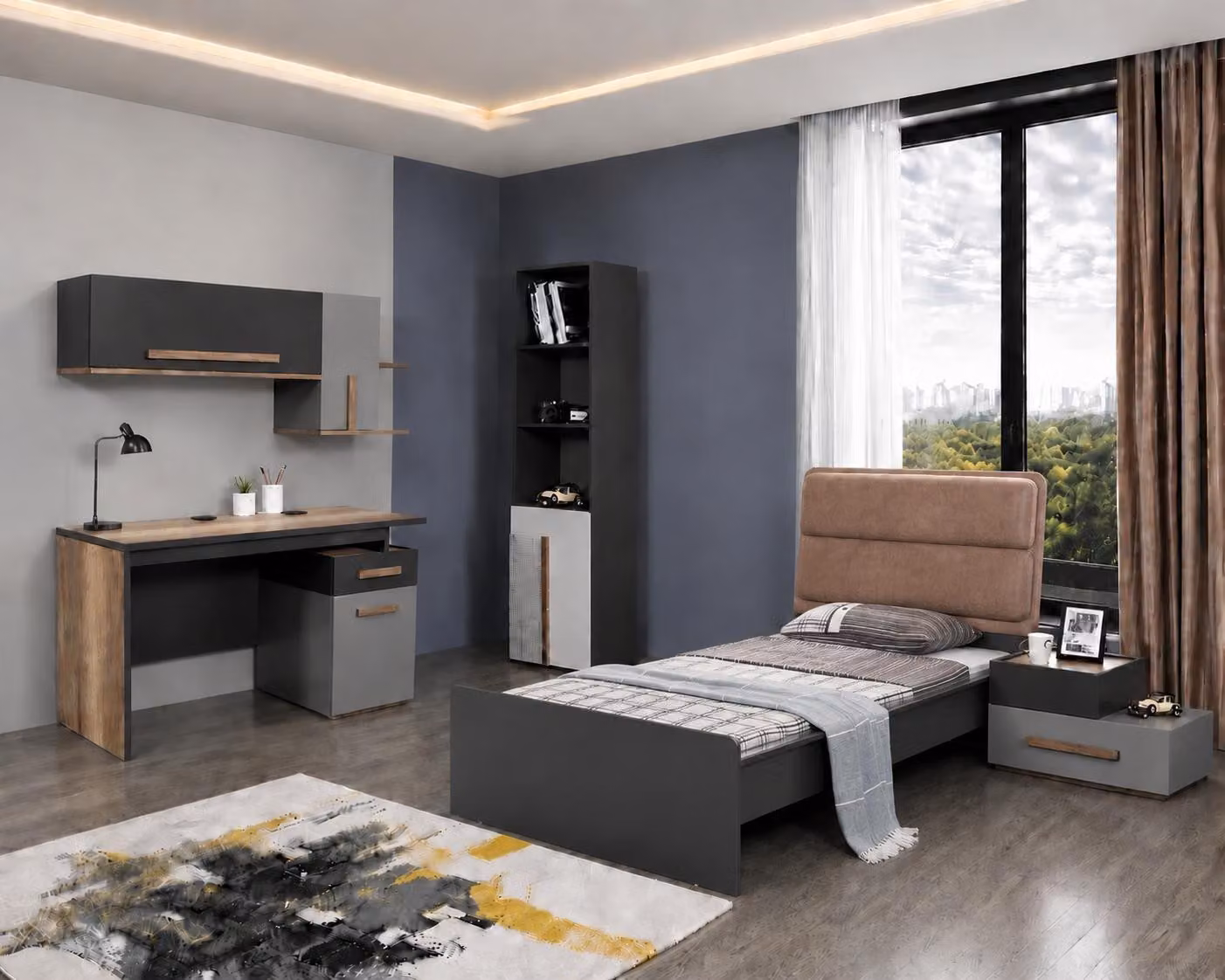 Letto singolo per bambini, grigio e marrone, con testiera imbottita, design moderno, per un comfort ottimale durante il sonno