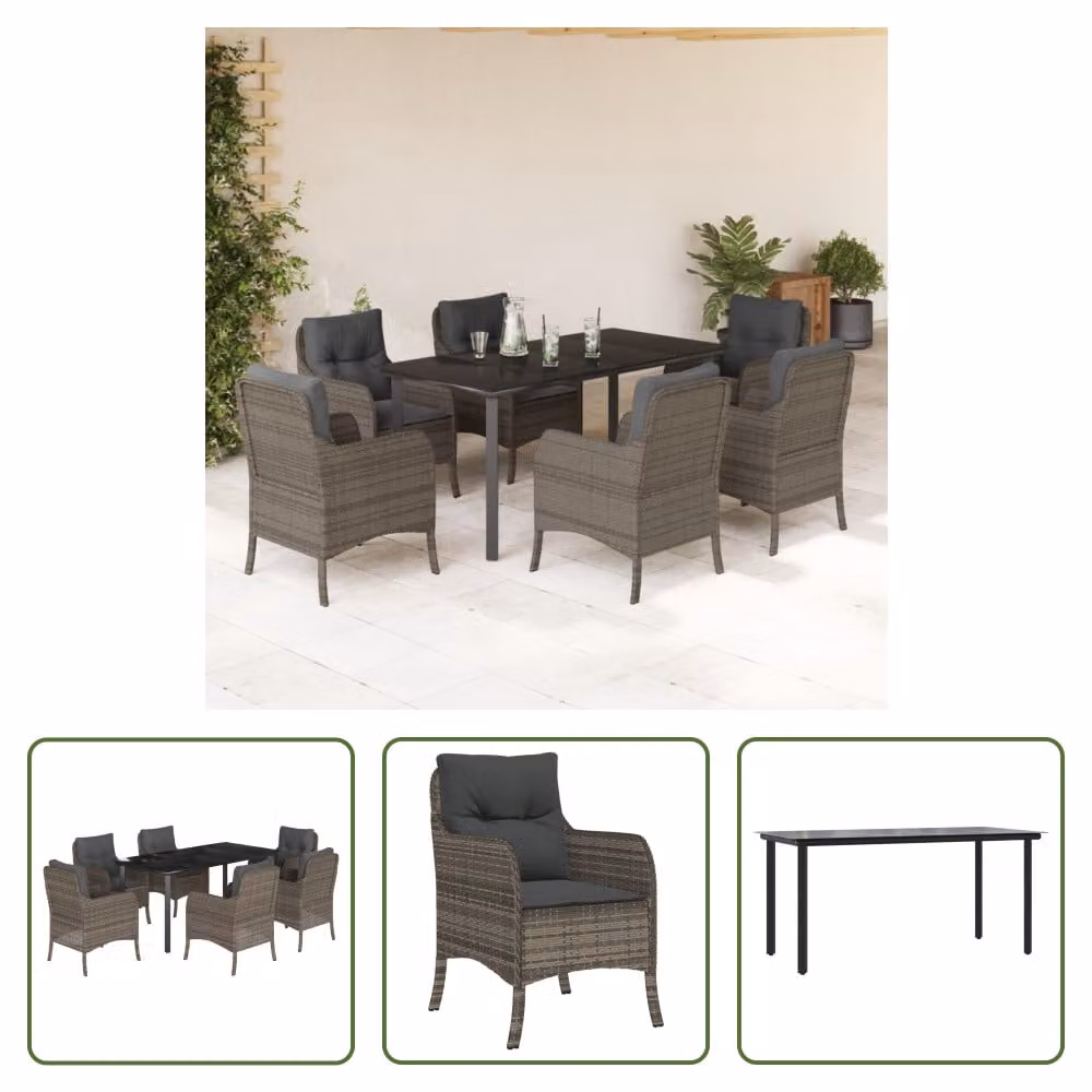 The Living Store Set da pranzo da giardino 7 pezzi con cuscini in poly rattan grigio