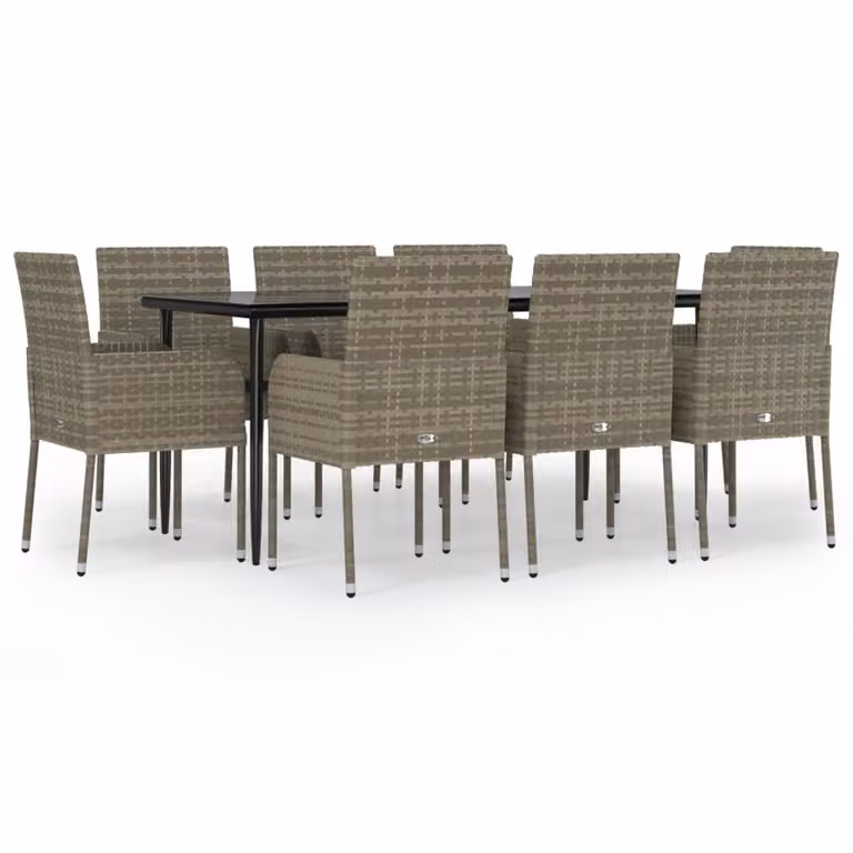 Set da Pranzo Giardino 9pz con Cuscini Nero e Grigio Polyrattan