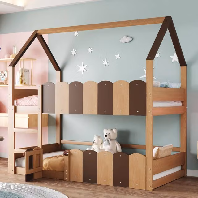 Letto a castello per bambini WISHDOR in legno massiccio con design a forma di casa, colore marrone, L/P/H: 200 x 90 x 120 cm