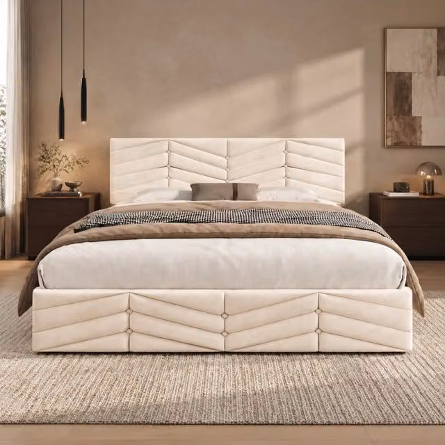 Letto imbottito 140x200 cm con rete a doghe e testiera regolabile in velluto beige