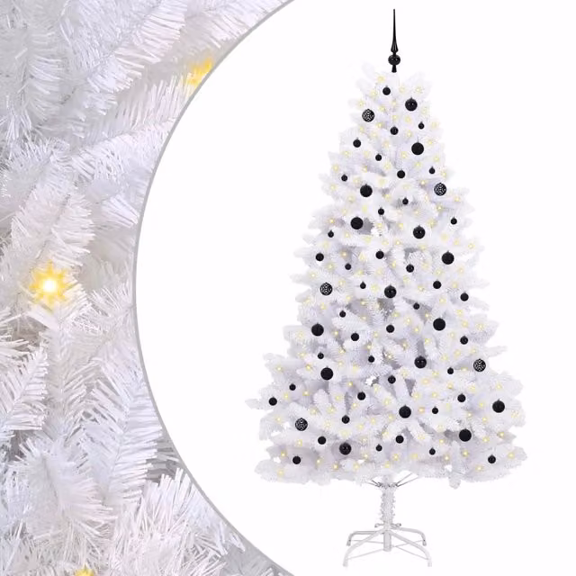 Albero di Natale artificiale moderno con rami pieghevoli in PVC e metallo, decorazioni LED, colore bianco, Altezza: 240 cm