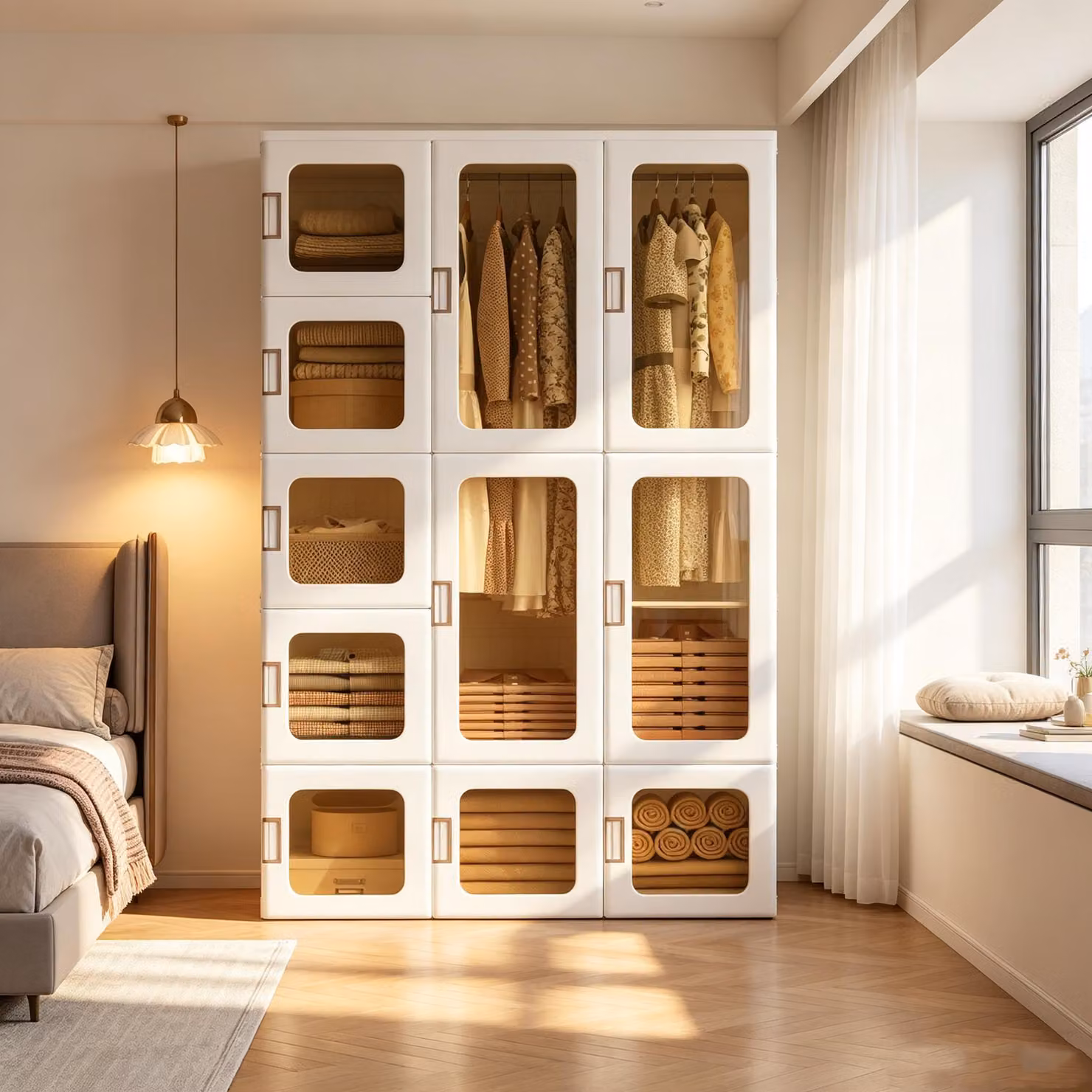 Armadio pieghevole INONEFT, dimensioni 104x170x50 cm, con 2 aste, 11 pannelli trasparenti marroni, armadio per la camera da letto, materiale: PP, colore: bianco