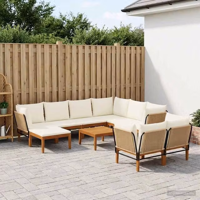Set da giardino a forma di L vidaXL in legno di acacia con cuscini beige e bianchi