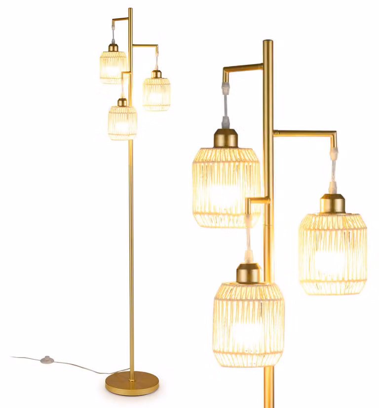 Lampada da terra COSTWAY, altezza 173 cm, lampada da lettura con 3 attacchi E27 e interruttore a pedale, lampada da terra moderna con paralume a gabbia in tessuto di carta, colore oro