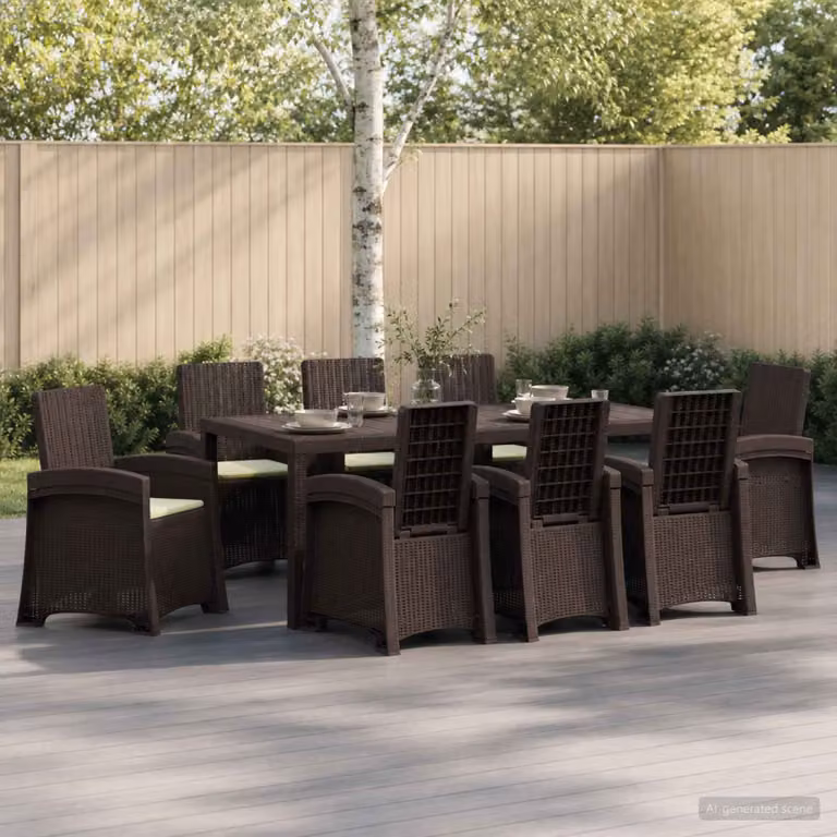 Set da pranzo per giardino e terrazzo vidaXL in rattan marrone e beige, 9 pezzi