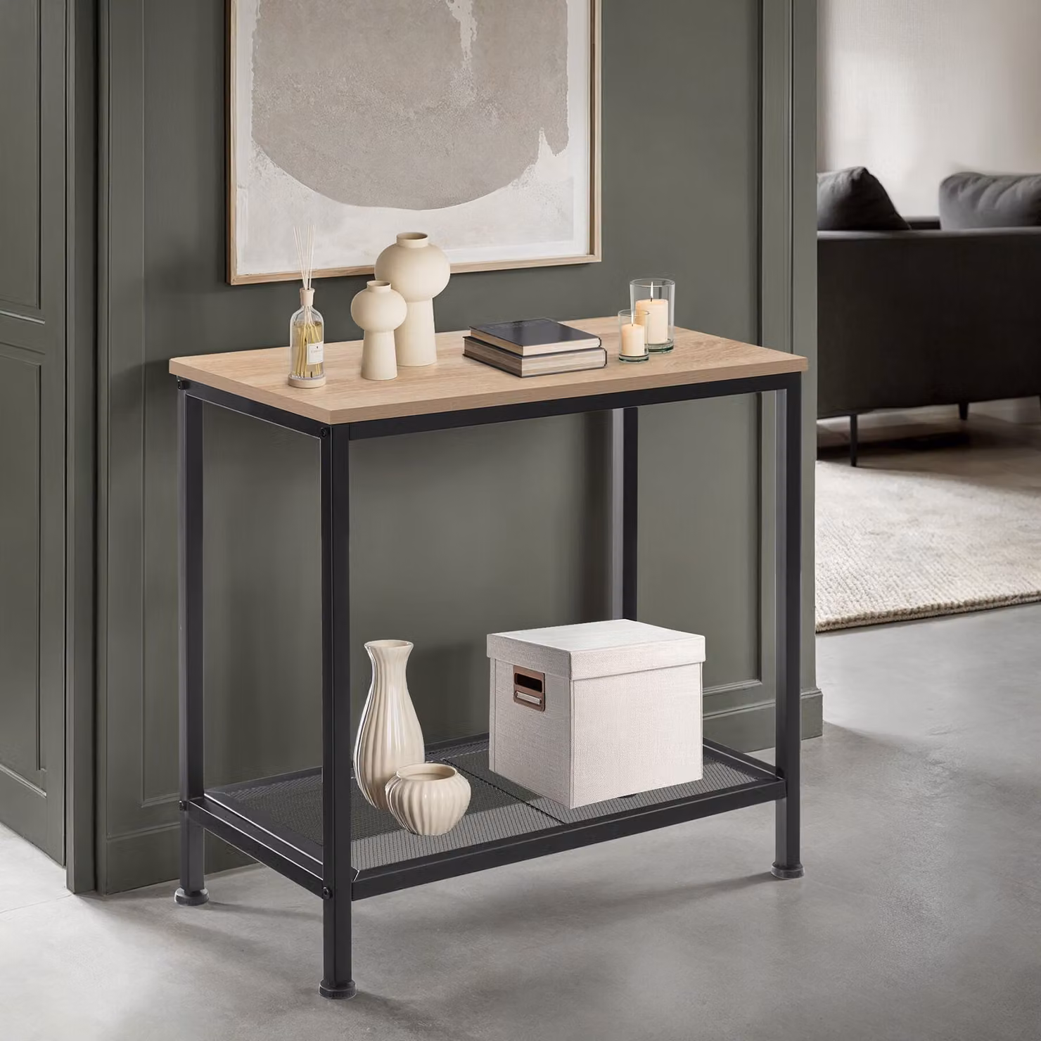 Tavolino rettangolare industriale TecTake GmbH in legno rovere e metallo, L: 60 cm, P: 30,5 cm, H: 60,5 cm – 2