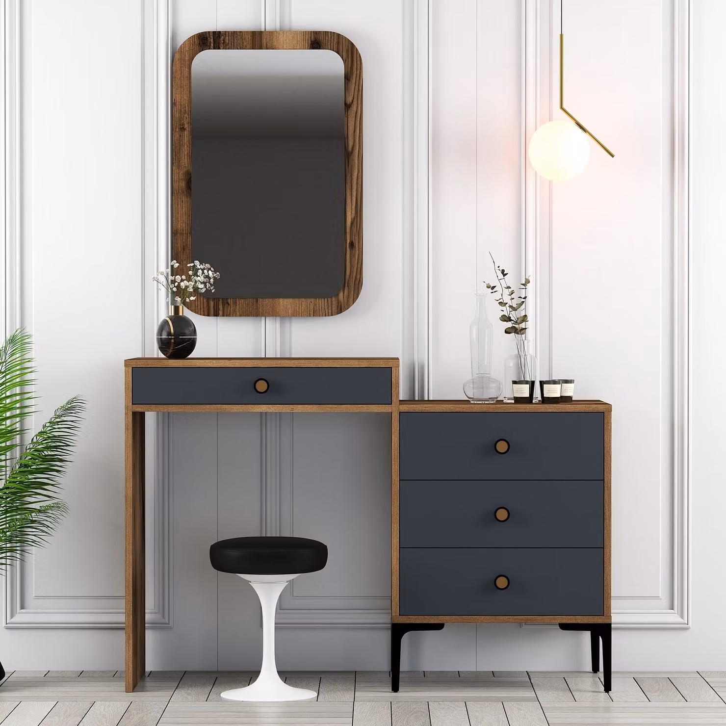 Skye Decor, toletta di alta qualità con specchio, in noce e antracite, 124 x 84,7 x 40 cm | Pannello truciolare rivestito al 100% in melamina, spessore 18 mm | Design moderno, ideale per la tua casa.