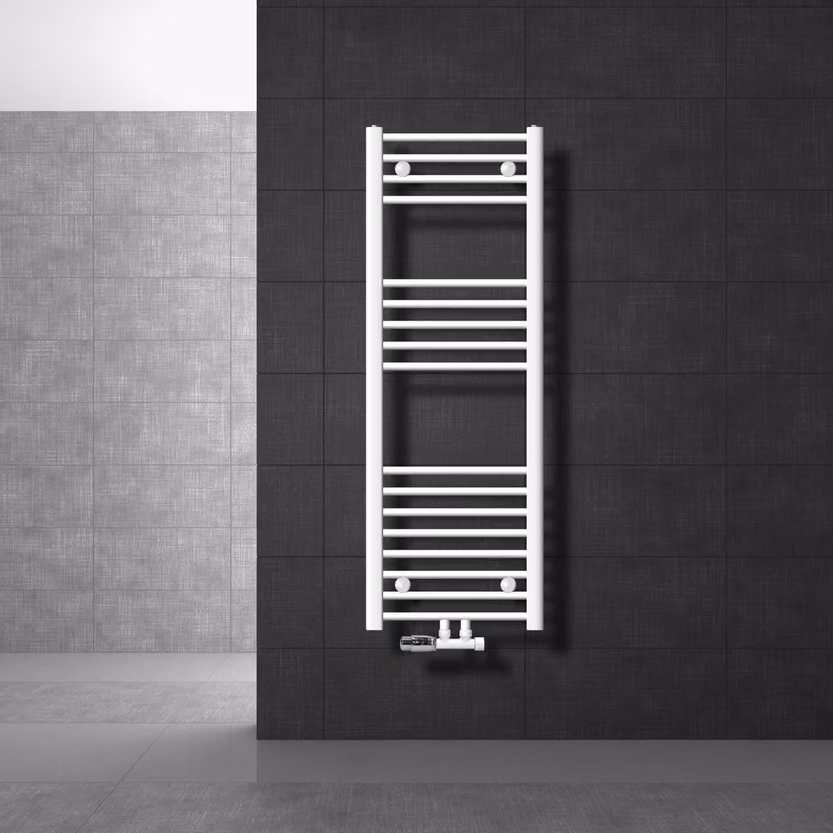 LuxeBath radiatore da bagno attacco centrale 400 x 1200 mm bianco diritto con termostato e set di collegamento angolo muro bianco - Radiatore, senza elemento riscaldante