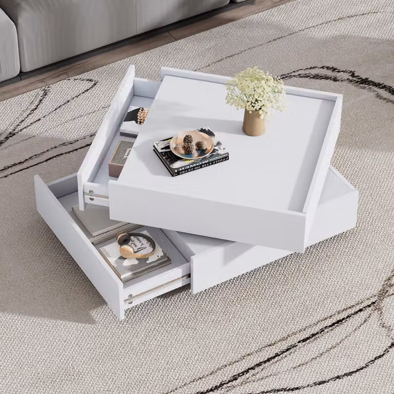 Tavolino girevole a 360° bianco, con 2 ripiani e spazio contenitivo