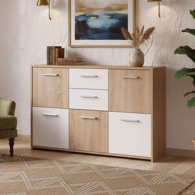 Madia DMORA Pianisi con 2 cassetti in finitura rovere e bianco per cucina o soggiorno L 115 x P 30 x H 77 cm – 1