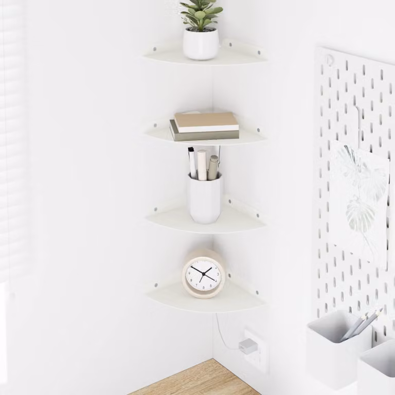 Set di 4 mensole galleggianti da angolo vidaXL in metallo bianco, design moderno per soggiorno, cucina o bagno, L/P/H: 18 x 18 x 2 cm
