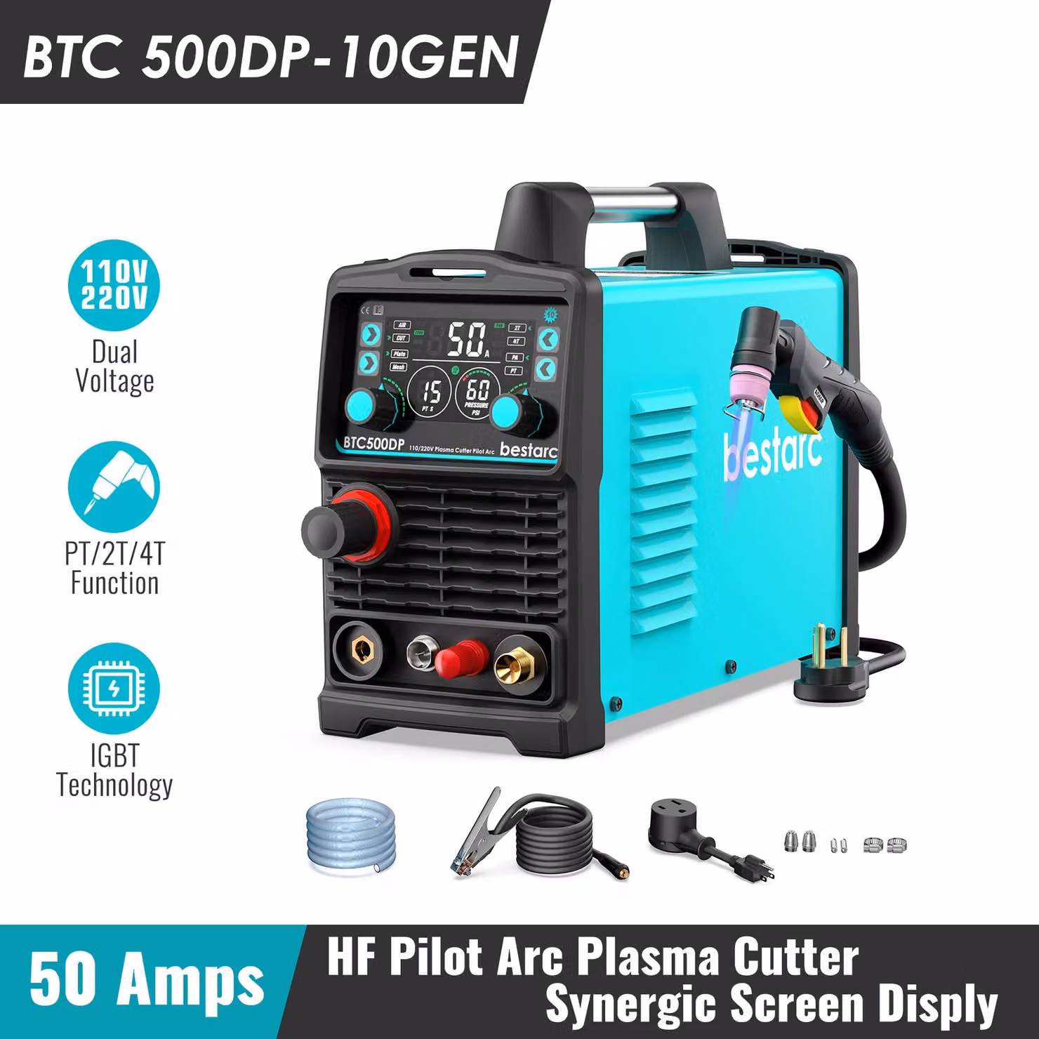 Tagliasaldatura al plasma con innesco pilota - BTC500DP 10GEN - 50A, monofase, 220/240V - Display digitale - Accensione senza contatto - Spessore di taglio pulito di 12 mm - Spina europea