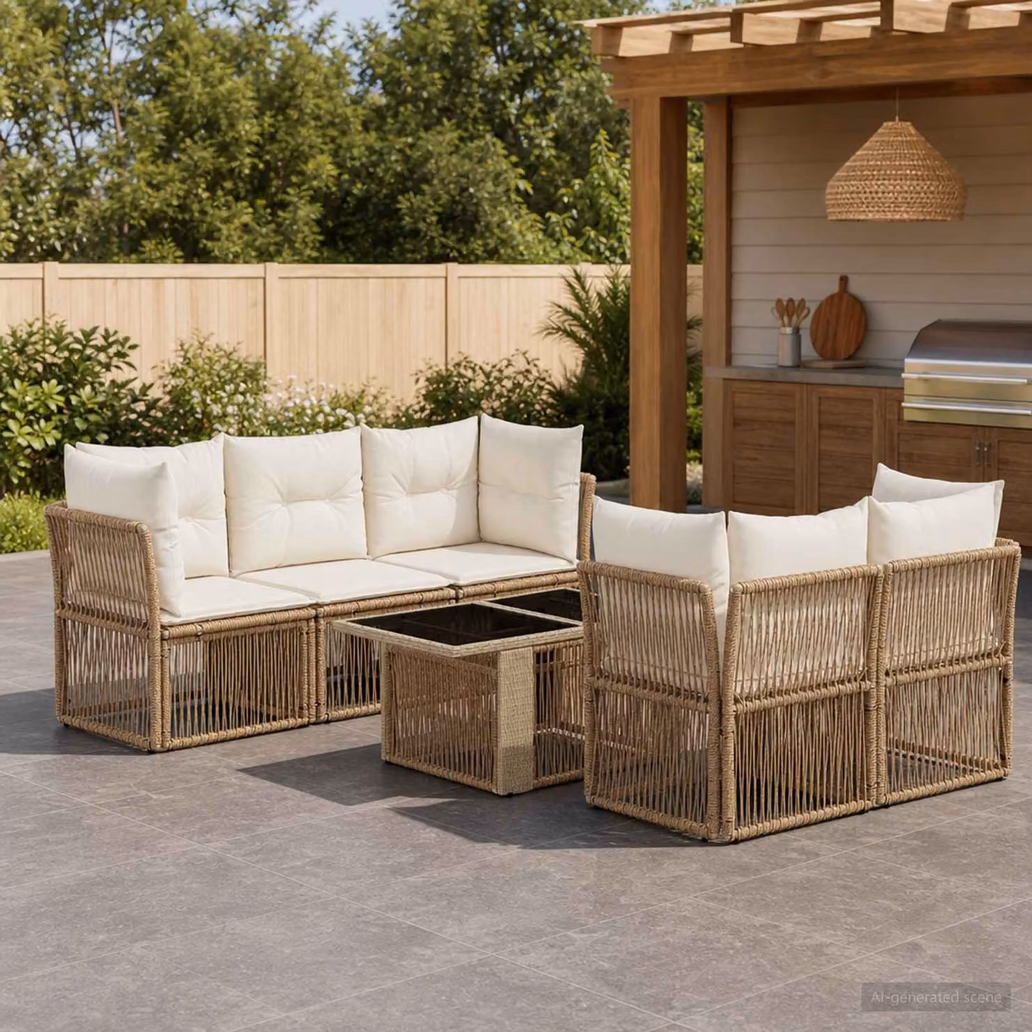 Set Divano da Giardino vidaXL 6 pz Beige con Poltrona, Divano a 3 posti, Elementi Angolari e Tavolino da Caffè in Polyrattan con Cuscini Imbottiti e Struttura in Acciaio