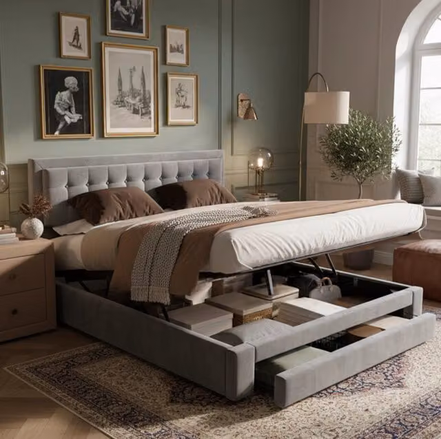 Letto 160x200 cm con contenitore, cassetti e testiera regolabile in velluto grigio
