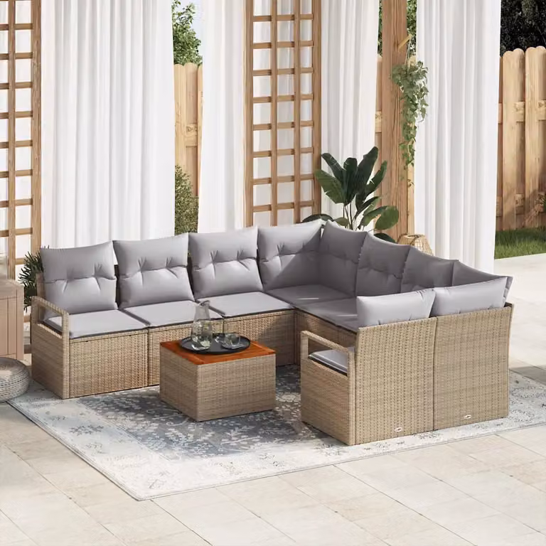 Set Divano da Giardino vidaXL 9 pz Beige con Cuscini e Tavolino in Polyrattan e Acciaio