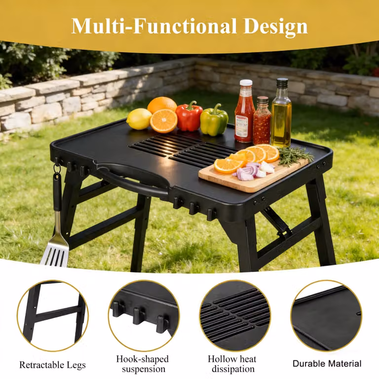 Carrello portatile per barbecue, pieghevole, con gambe regolabili in altezza, ideale per giardino e campeggio