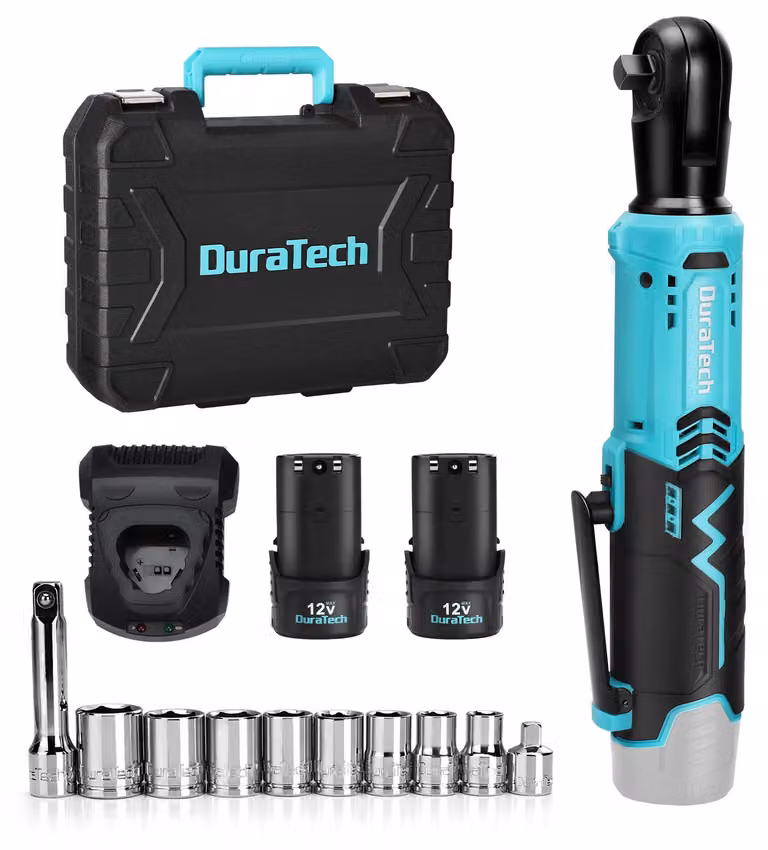 Set di chiavi a cricchetto elettriche DURATECH, chiave a cricchetto elettrica a batteria 12V, 3/8", 65 Nm, avvitatore a cricchetto senza fili con 2 batterie da 2,0 Ah, luce LED, include 10 inserti, custodia per il trasporto, caricabatterie