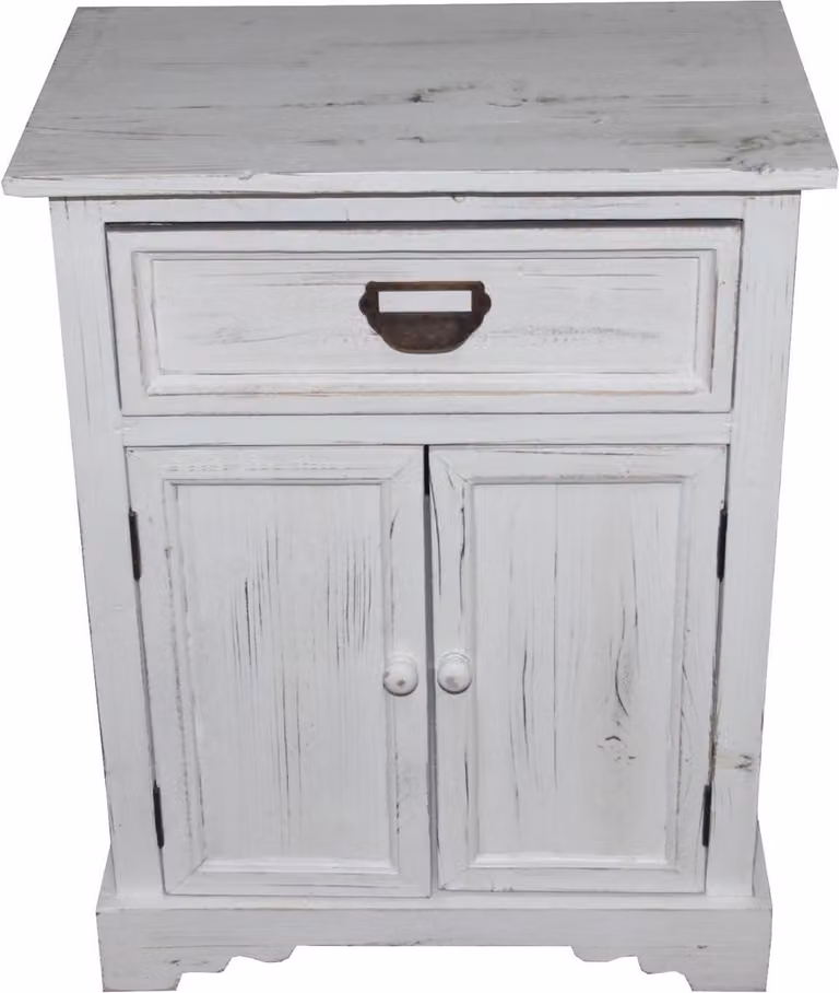 Comodino in stile shabby chic, design rustico, colore bianco antico, dimensioni: 50 cm di larghezza, 64 cm di altezza
