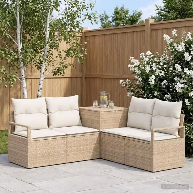 Set di divani da giardino a L vidaXL in polyrattan beige e bianco con cuscini inclusi – 1