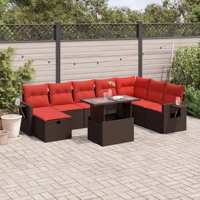 Set Divani da Giardino 9 pz con Cuscini Marrone in Polyrattan 3275034