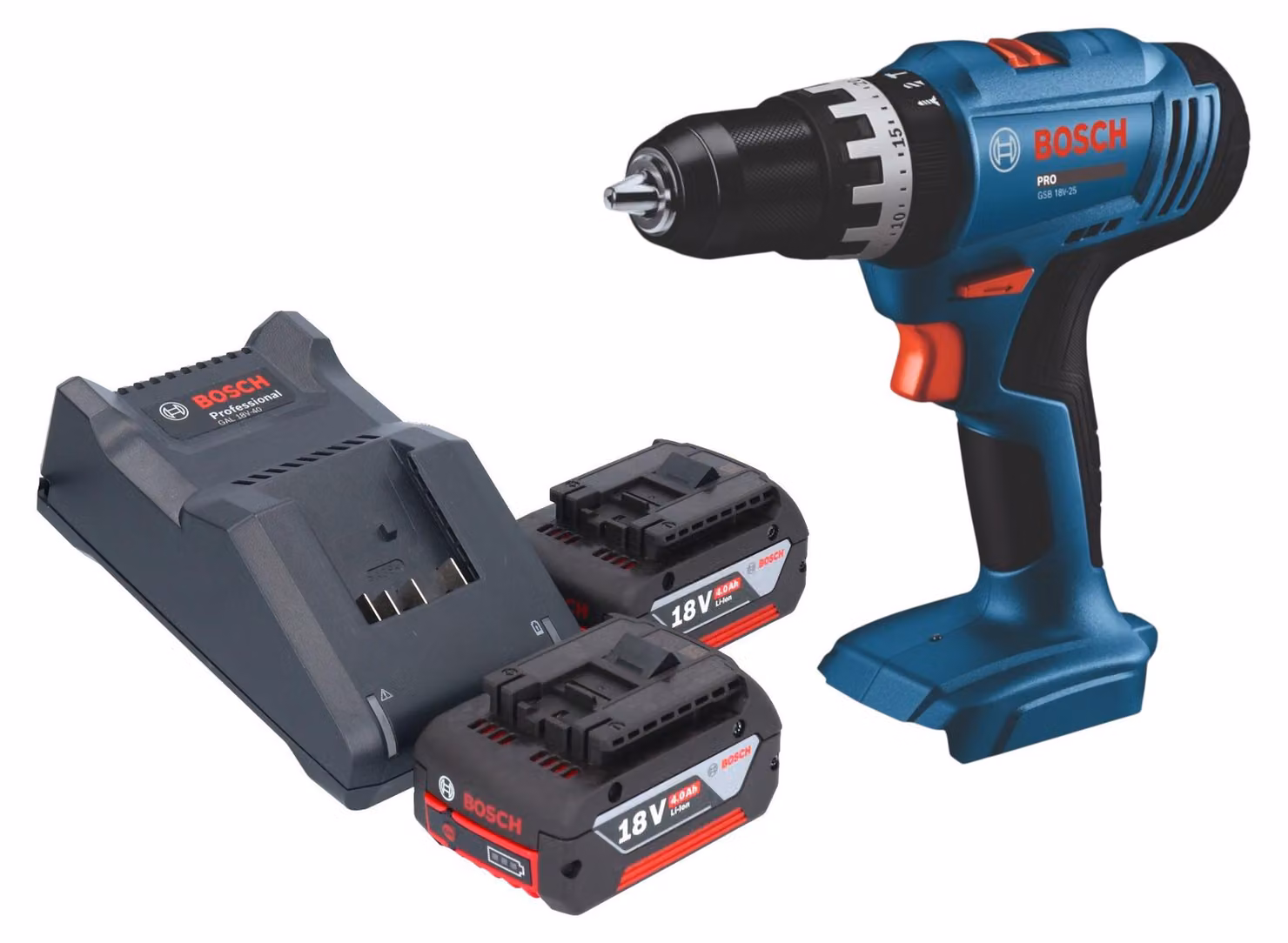 Trapano avvitatore a percussione a batteria Bosch GSB 18V-25 Professional 18 V 56 Nm + 2 batterie da 4,0 Ah + caricabatterie