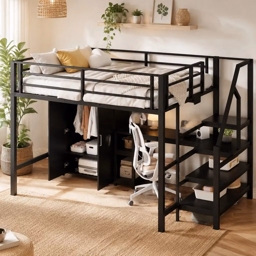 Letto a soppalco Mivray nero con armadio, scrivania, ripiani e scala contenitore in metallo e MDF, L/P/H: 200 x 140 x 255 cm – 2