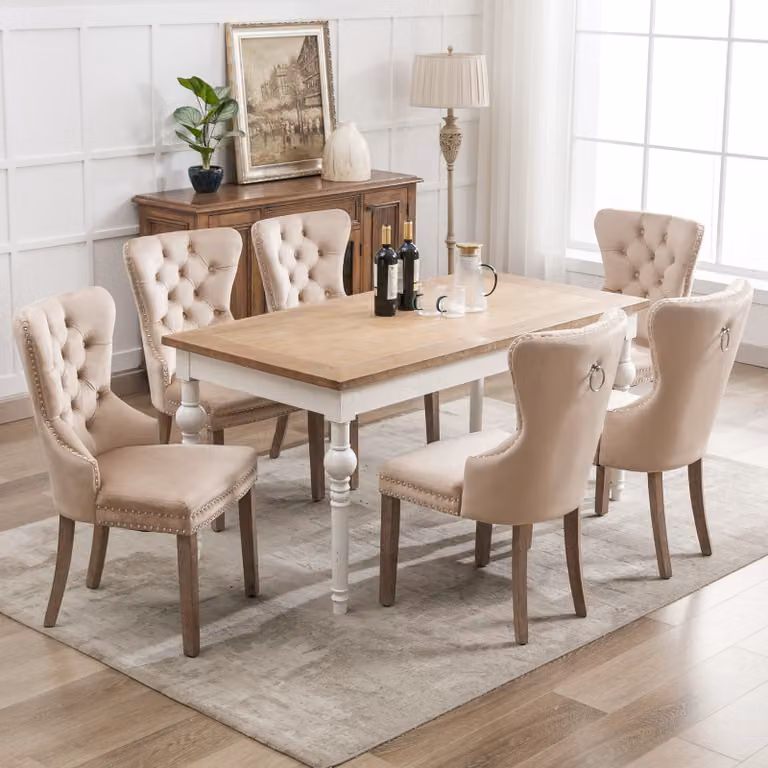 Set di 6 sedie da pranzo Flieks, sedia da cucina con gambe in legno massiccio e anello di trazione, sedia da pranzo imbottita con rivestimento in velluto, beige