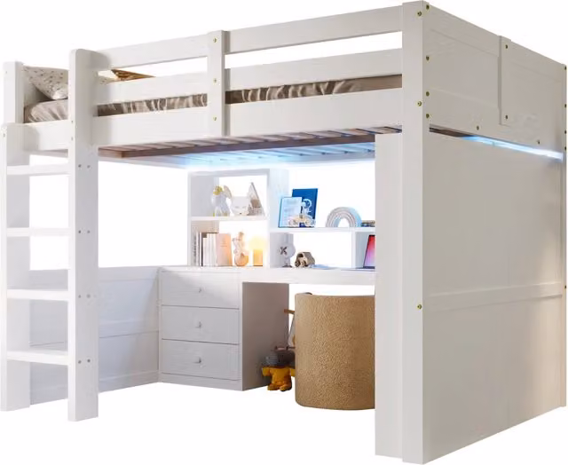Letto a soppalco REDOM per bambini con LED, armadio, scrivania e cassetti, bianco