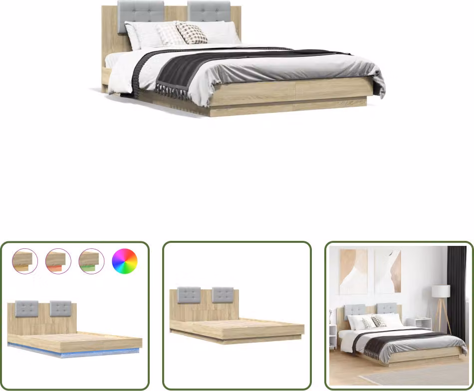 The Living Store Struttura letto con testiera e luci LED Rovere Sonoma 140x200 cm