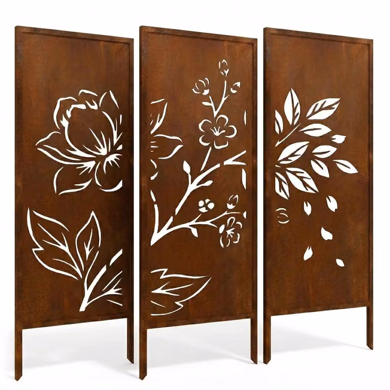Set di 3 pannelli per recinzione da giardino in acciaio a forma di fiori di loto, dimensioni 120x50 cm – Pannelli in metallo tagliati al laser in stile Corten