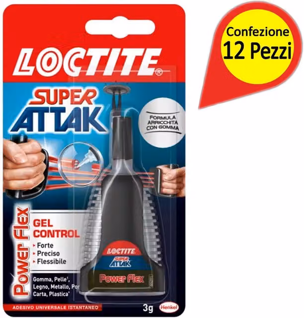 Loctite Attak Control Power Flex Colla Super Cianoacrilato Trasparente Confezione da 12 Blister da 3 g ciascuno