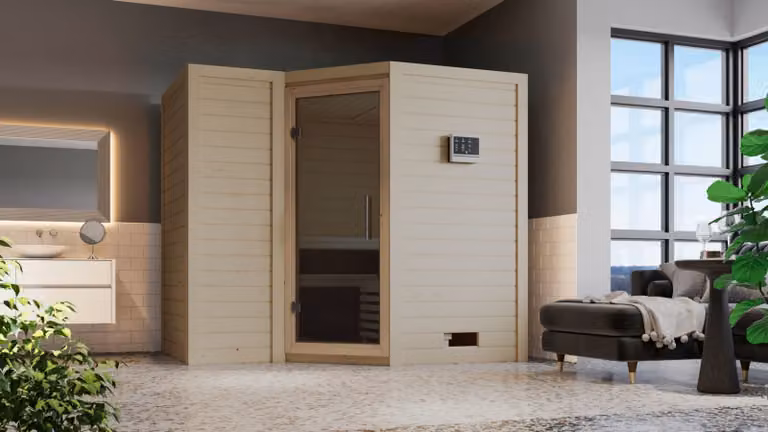 Cabina Karibu sauna interna Sahib Sauna interna 3 panche in legno con finitura naturale Cabina sauna Spessore parete: 40 mm Sauna a infrarossi