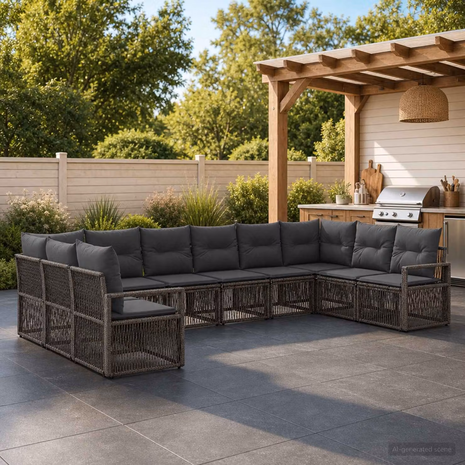Set Divano da Giardino vidaXL 10 Pezzi a Forma di U in Polyrattan Grigio con Cuscini e Struttura in Acciaio